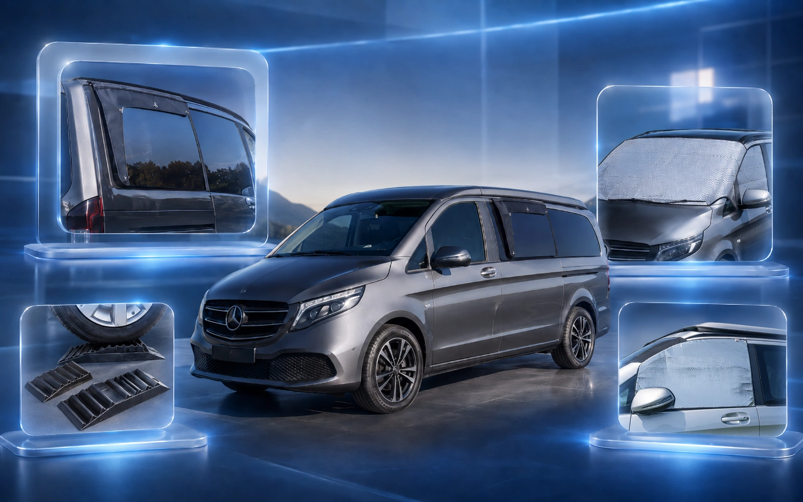 Mercedes-Benz Campervan mit Zubehör für Camping und Schutz, inklusive Sonnenschutzmatten, Windabweiser und Auffahrkeilen in moderner Produktcollage.